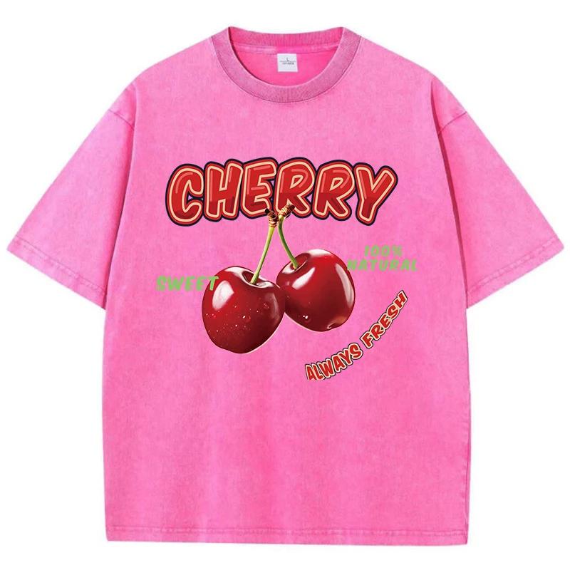 Street Woman Washed T-Shirts Sweet Cherry Aways Fresh Print Short Sleeve Comfortable Cotton Oversize Tops Female Clothes