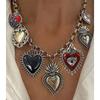 Fashionable Gothic Chunkies Chain Necklace With Flaming Heart Charm and Evil Eyes Pendant for Halloween Jewelry