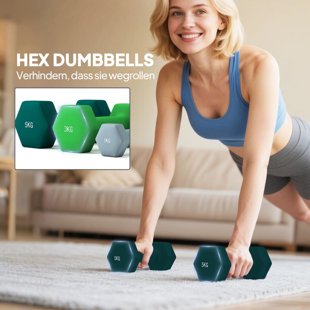 Dumbbell Set with Storage Rack, Set of 6 Dumbbells for Fitness Training, 2 X 1kg, 2 X 3kg, 2 X 5kg