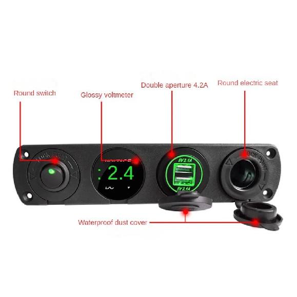 4 in 1 Marine Switch Panel 12V Dual USB Charger Socket Power Outlet LED Voltmeter Cigarette Lighter Socket ON Off Button Switch