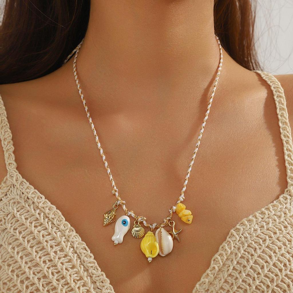 Summer Ocean-Style Starfish Necklace with Colorful Rope and Ceramic Pendant