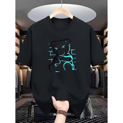 Tamanho Europeu Masculino Camiseta Redonda com Estampa de Urso e Letra '' - Leve Respirável Manga Curta Casual de Verão Adequada para Traje Casual