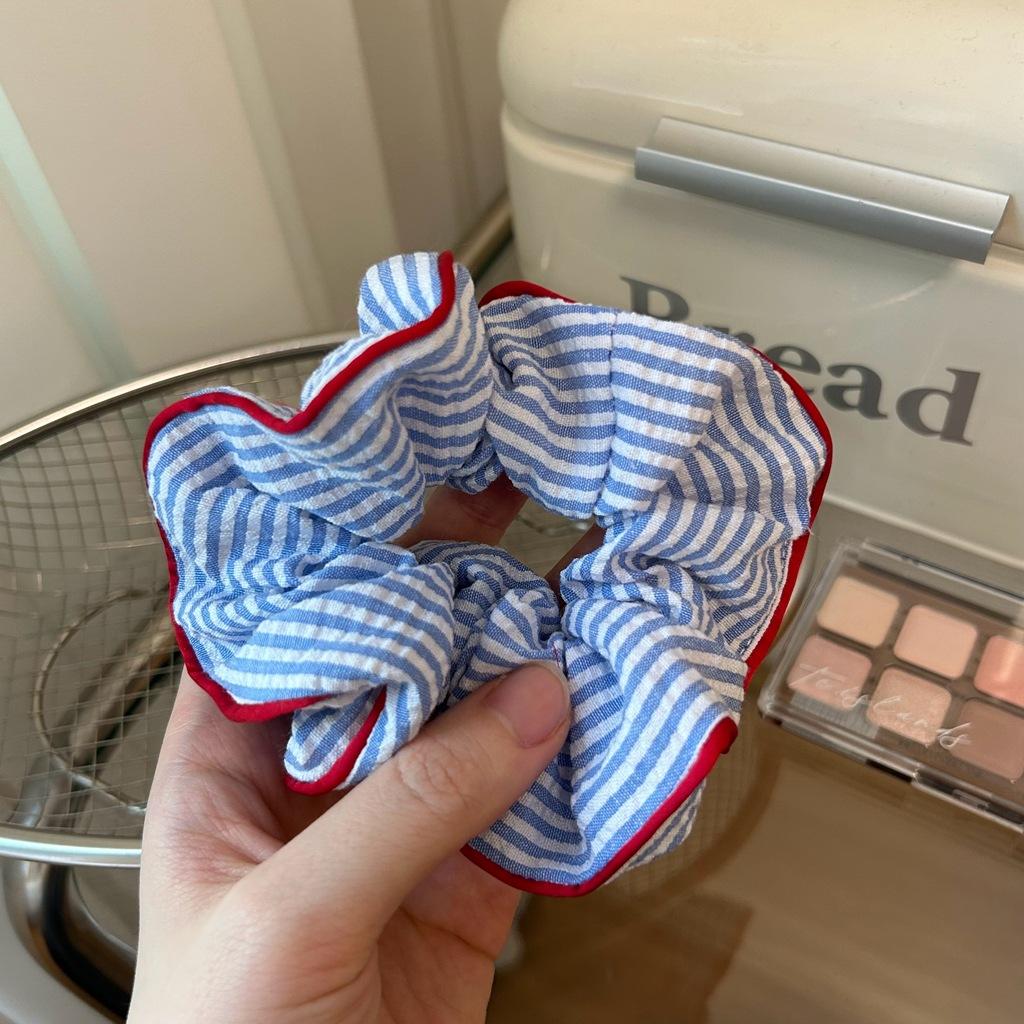 New Scrunchies Red Hem Blue Striped Hair Tie Sweet Fresh Elastic Hair Band Girls Women Hair Accessories