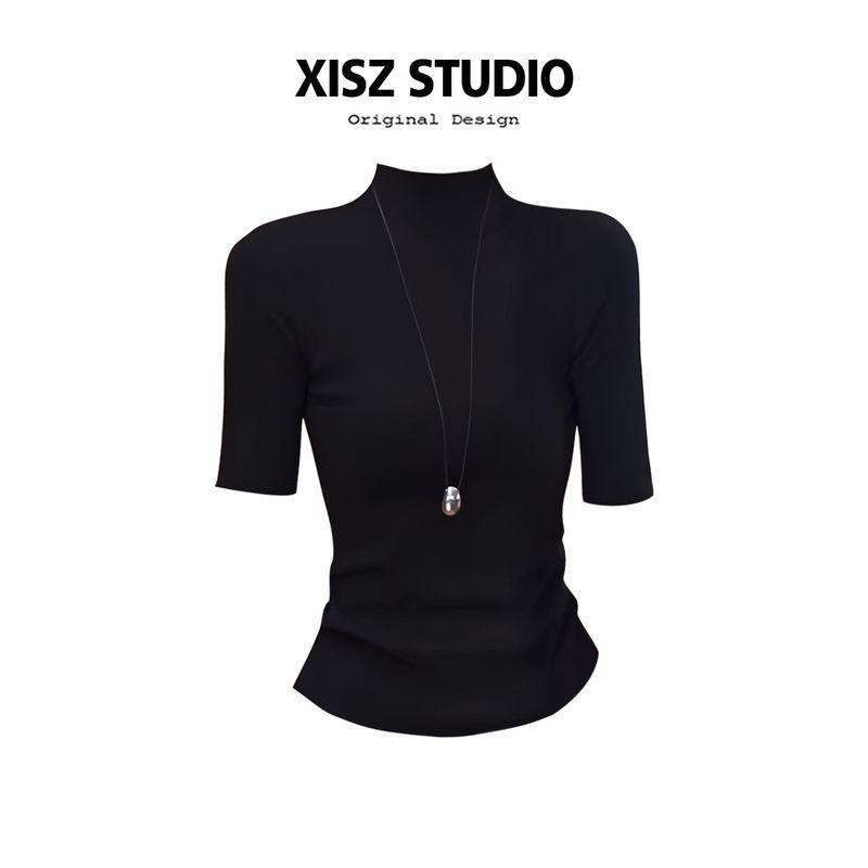

Simple Basic Half-Turtleneck Knitted Short-Sleeve T-Shirt for Women, Spring and Summer Slim Fit, Flattering Base Layer Short Top Black S