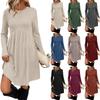 Women's Long-sleeved, Round-neck, High-waisted, Pocketed, Striped Dress