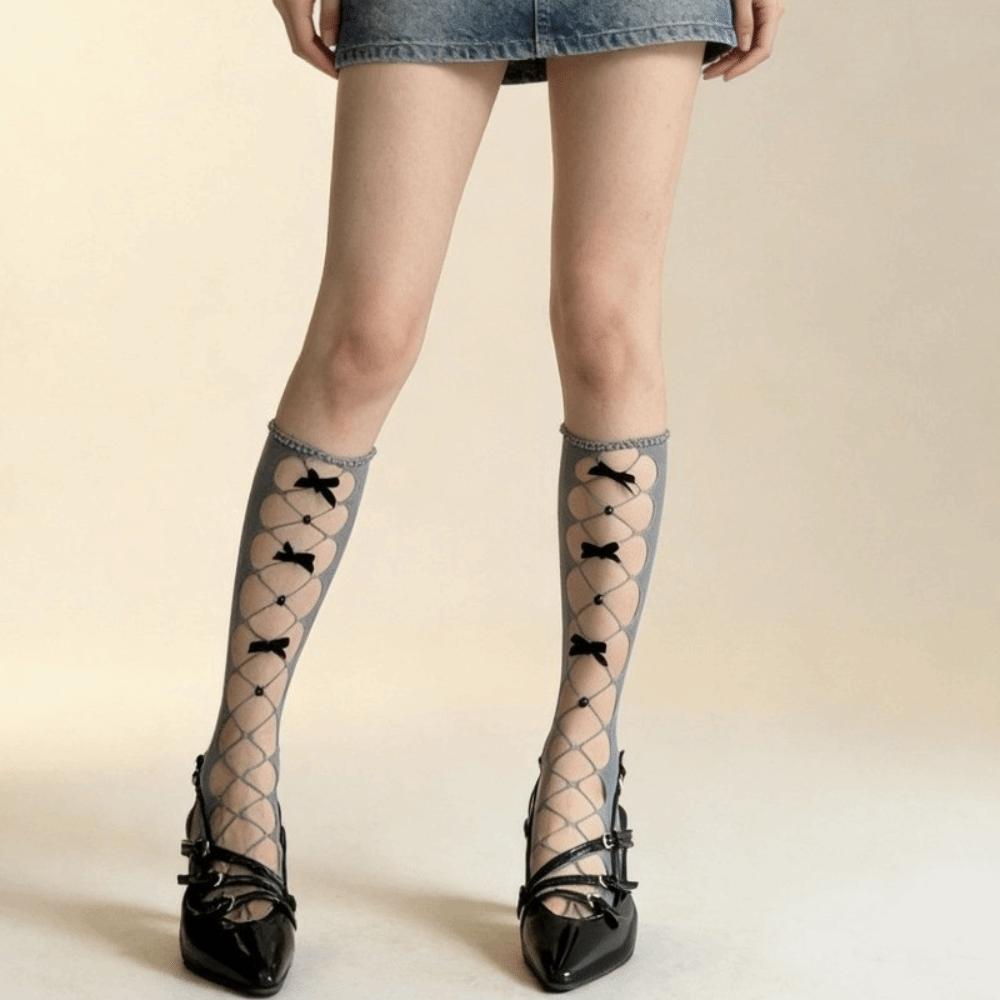 Hollow Out Fishnet Socks Thin Fabric Bow Socks New Net Stockings Girls Women