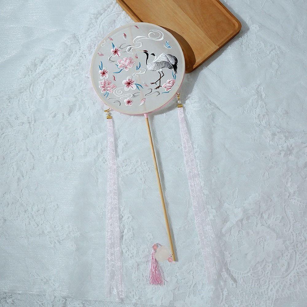 Embroidered Chinese Style Round Fan Classical Hanfu Hand Fan Long Handle Silk Fan  Female Costume