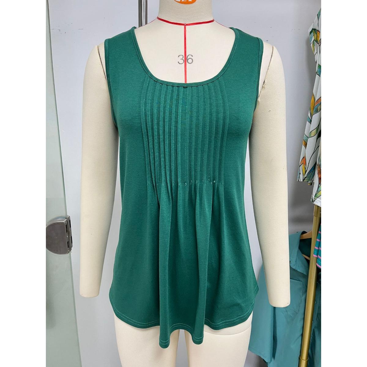 

Spring Summer New Women s Striped Pleated Solid Color Crew Neck Loose Sleeveless Vest T-shirt For Cross-border Trade Europe America XXL