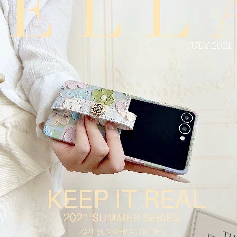 Embossed Watercolor Flower Samsung Z Flip6/5/7 Case with Anti-Lost Wrist Strap