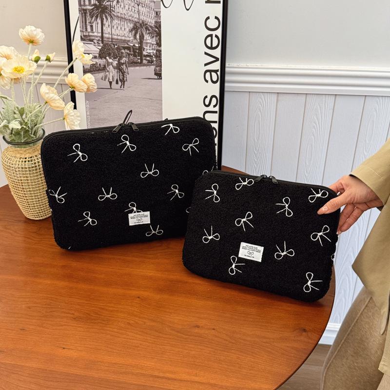 TS JYL laptop bag,INS Winter Plush Embroidery Bow iPad Sleeve Tablet Laptop Case