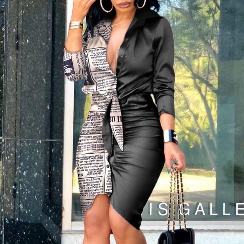 BITCED Women's Summer V-Neck Tie Solid Colour Long Sleeve Mid-Length Shirt Dresses