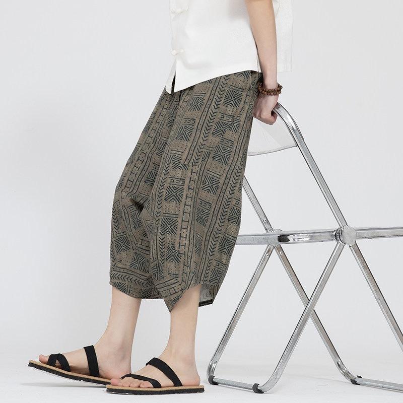 Chinese style men's summer new printed large pants beach pants large size trend loose zen seven-point Harlan pants