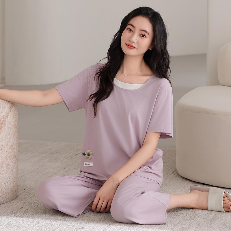 Pajamas Women's 1011 New Summer Women's Modal Cotton Short-sleeved Fake Two-piece Cropped Pants Show Wan Loungewear Summer