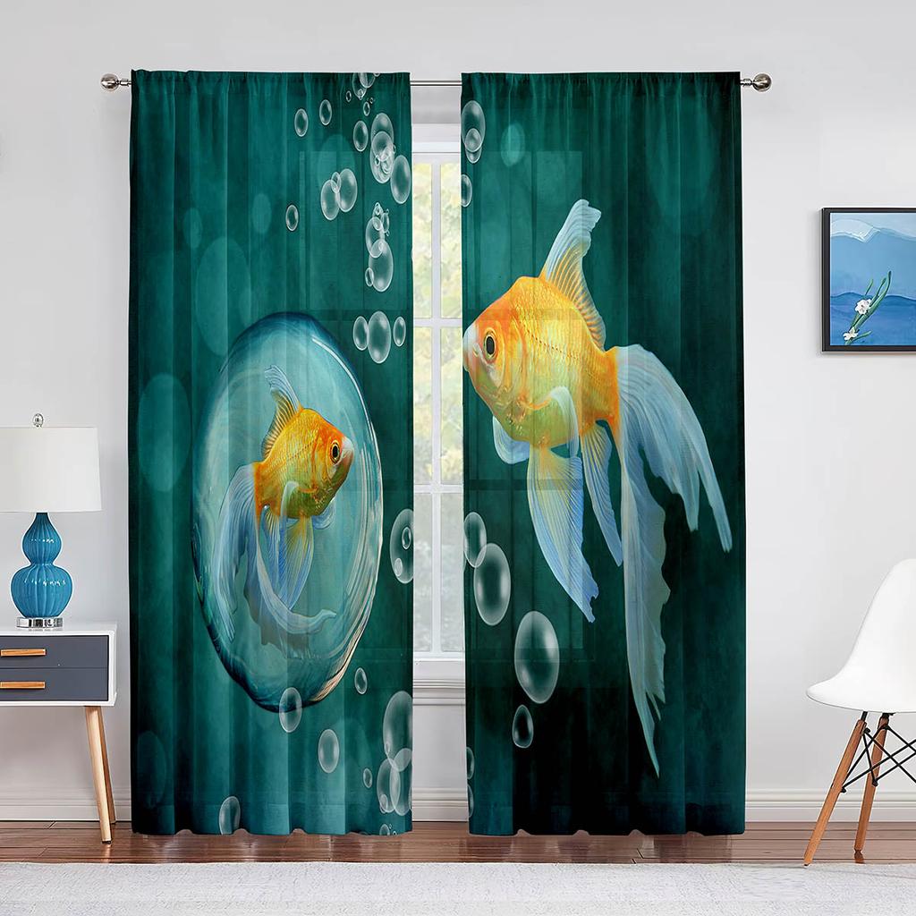 Pond Goldfish Flowers Leaves Colorful Sheer Curtain for Living Room Bedroom Voile Drape Kitchen Window Tulle Curtains Home Decor