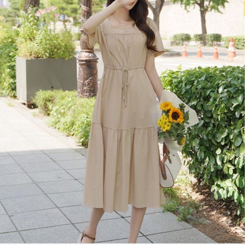 

Plus Size Women s Clothing Chubby Girl Ladies Fashion Square Collar Solid Color Waist Tight Mid Length Long Length Short Sleeve Dress Trendy L-4XL Khaki(Figure) 4XL