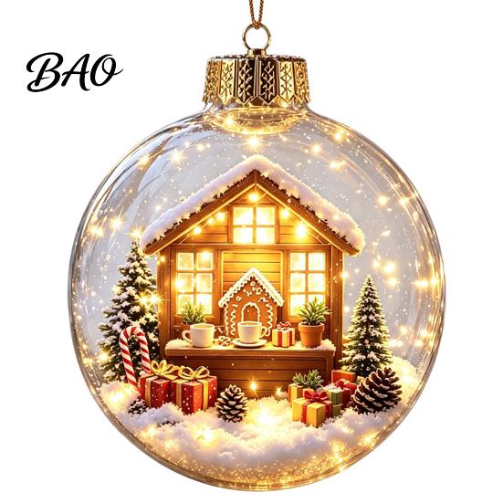LED Christmas Indoor Decor Lighted Ornaments, 3D Miniature Scene Hanging Balls with Warm Light, Cute Party Supplies Reindeer Penguin Bear Clear