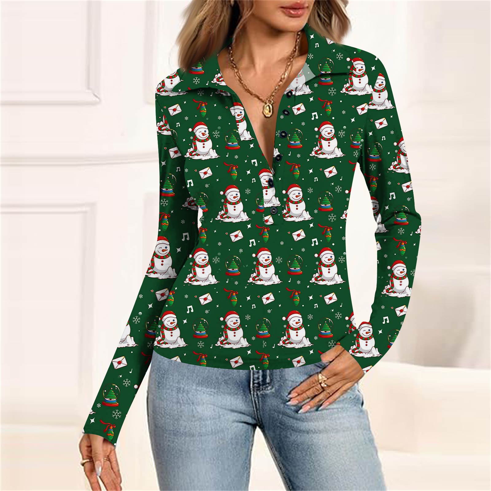 

Женская мода Повседневный принт V-образный вырез Длинный рукав Застегивающаяся на пуговицы блузка L