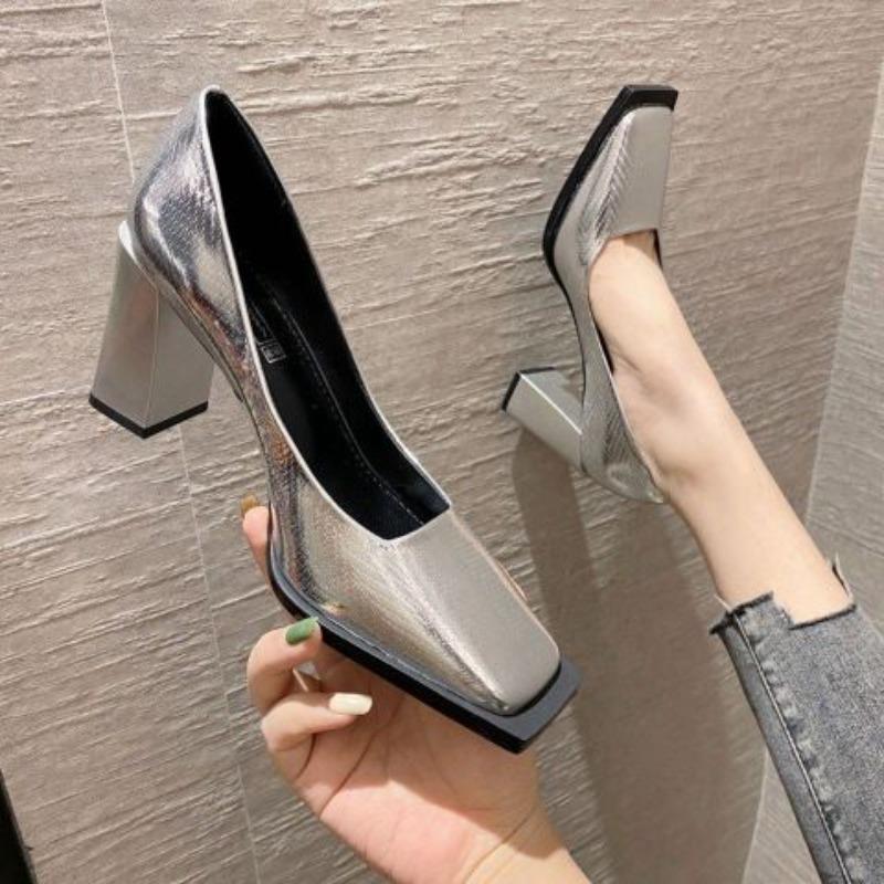 Silver High Heels Korean Design Sensation Shallow Mouth Chunky Heel Square Head Women's Shoes Versatile Business Casual Summer