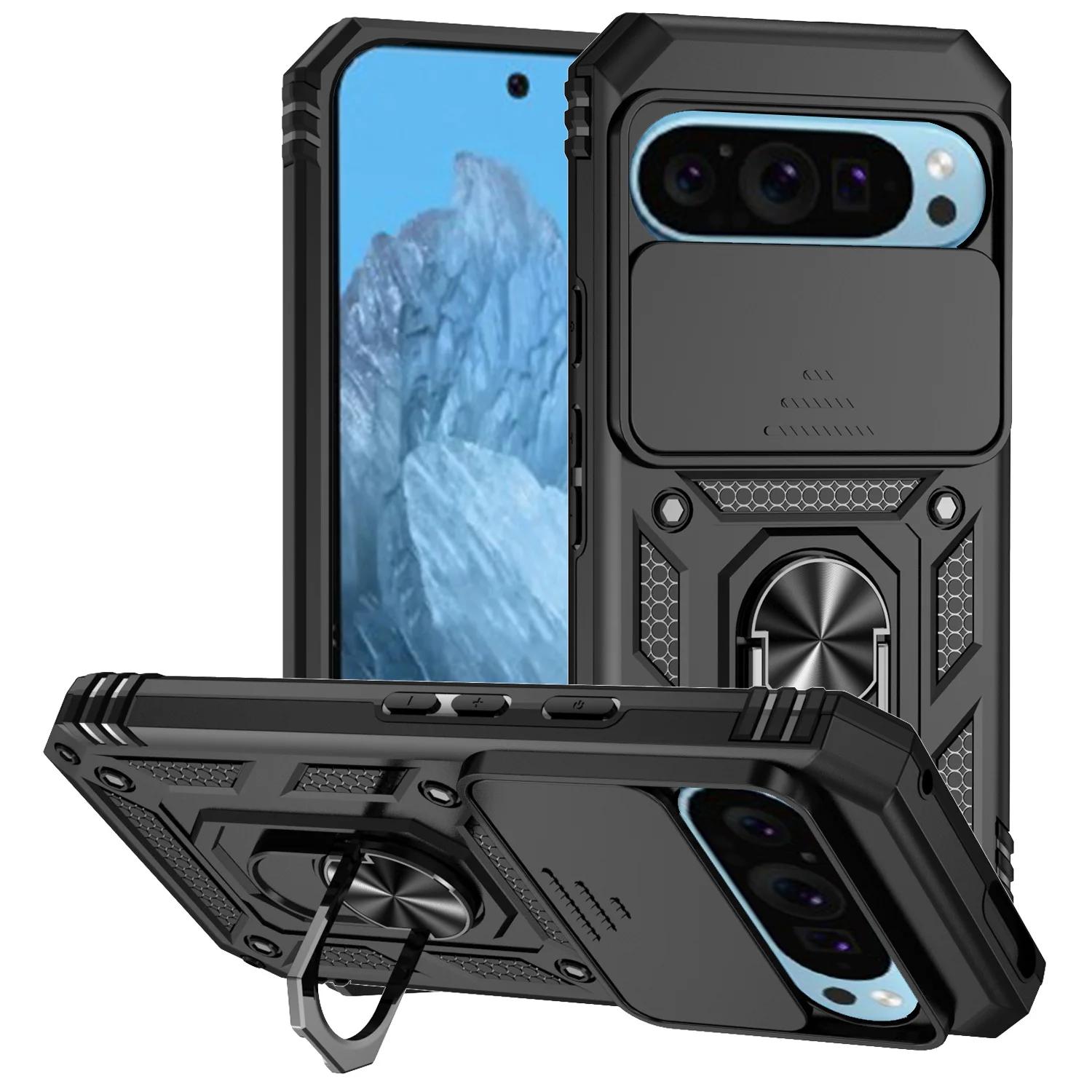 

Чехол Armor Case для Google Pixel 9A Pixel 9 Pro XL, защитный слайдер, защитный объектив, подставка, кольцо, магнитный держатель, чехол Fundas Capa Google Pixel 9 чёрный