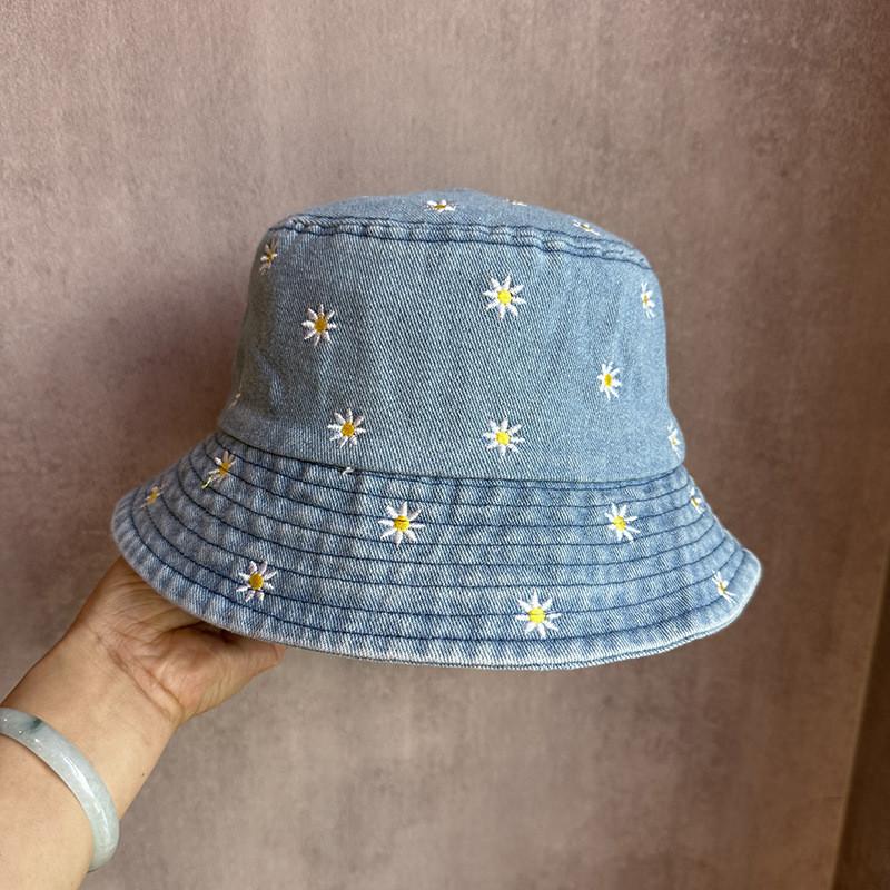 Japanese Ins Embroidered Daisy Bucket Hat With Sun Protection For Summer Casual Wear