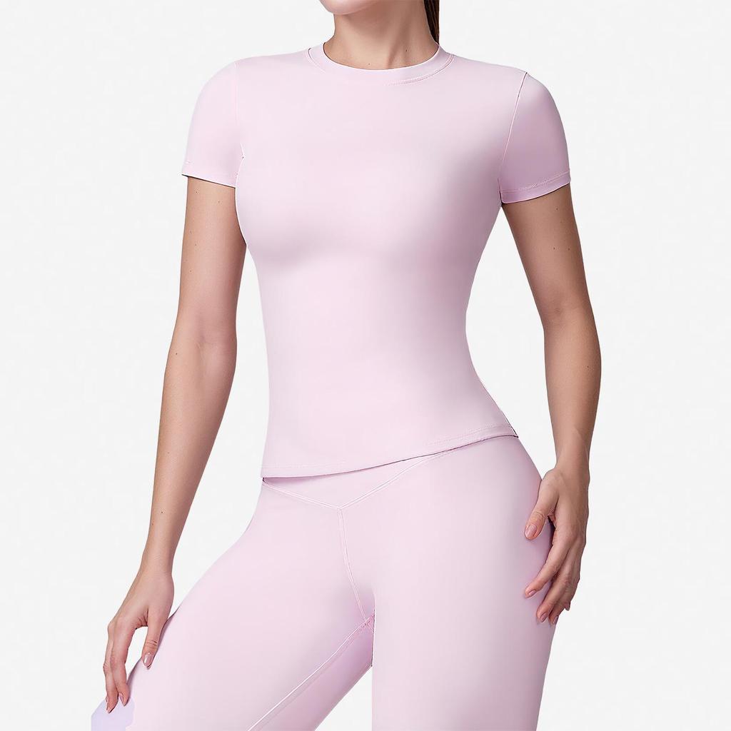Women's Plain Round Neck Quick-Dry Yoga T-Shirt - Summer Slim Fit Fitness Top