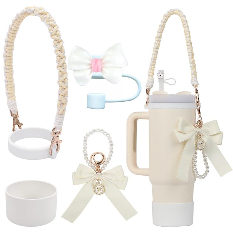 

Комплект аксессуаров Stanley Cup, ремешок для бутылки с водой с цепочкой и бантом, силиконовый чехол Stanley Cup белый