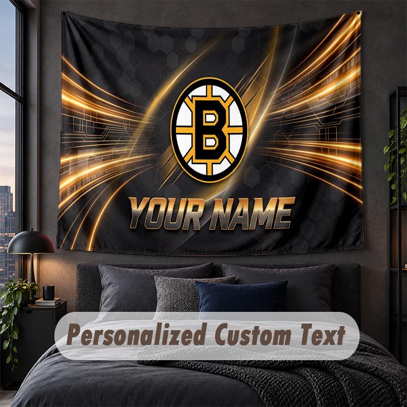 Arazzo Personalizzato con Nome e Testo, Appeso Decorativo da Parete Boston Bruins, Arazzo di Sfondo per Casa Camera da Letto