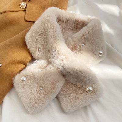 Pearl Faux Rabbit Fur Scarf Women Cute Neck Warmer Winter Warm Soft Furry Scarves Outdoor Windproof Cross Scarf Collar New