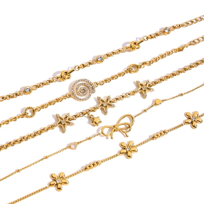 Dainty 18k Gold PVD Stainless Steel White Zircon Star Bowknot Heart Stackable Bracelet for Women Trendy Summer Jewelry