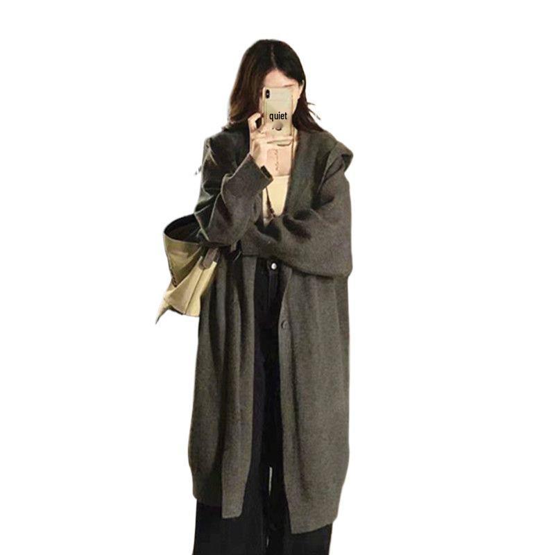 Women's Hooded Knit Cardigan - Maillard Style, Long, Cozy, 2025 Autumn/Winter Collection, Student Lazy Fit