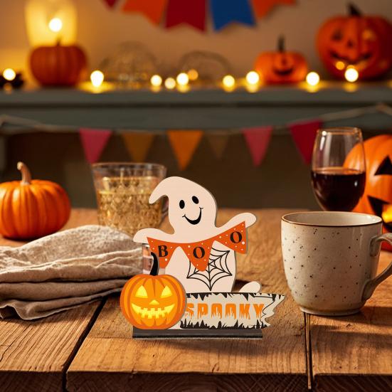 Cute Ghost Wooden Table Sign, Rustic Halloween Tiered Tray Centerpiece, Small White Ghost Sign for Party, Home, Shelf Decor
