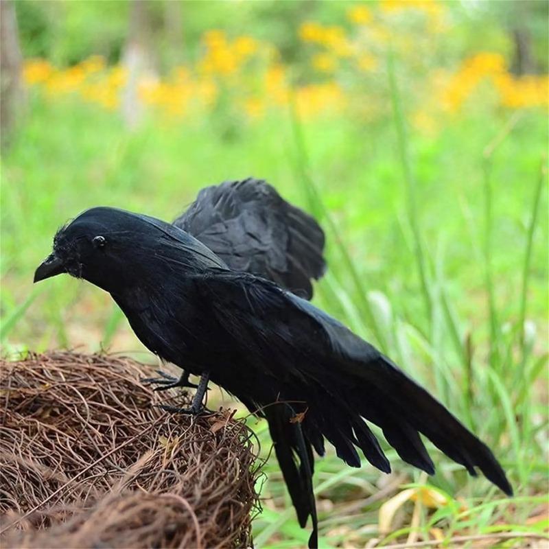 Realistic Handmade Black Feather Crows Prop Ravens for Outdoors Indoors Halloween Decor Halloween Crow Decorations