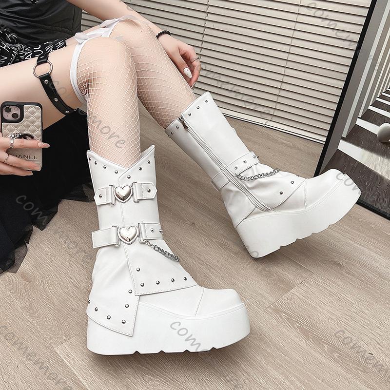 Fashion Comemore Round Head Gothic Style Mid-calf Boots Punk Belt Buckle Wedges Height-increasing Rivets Trouser Botas Shoes or Women