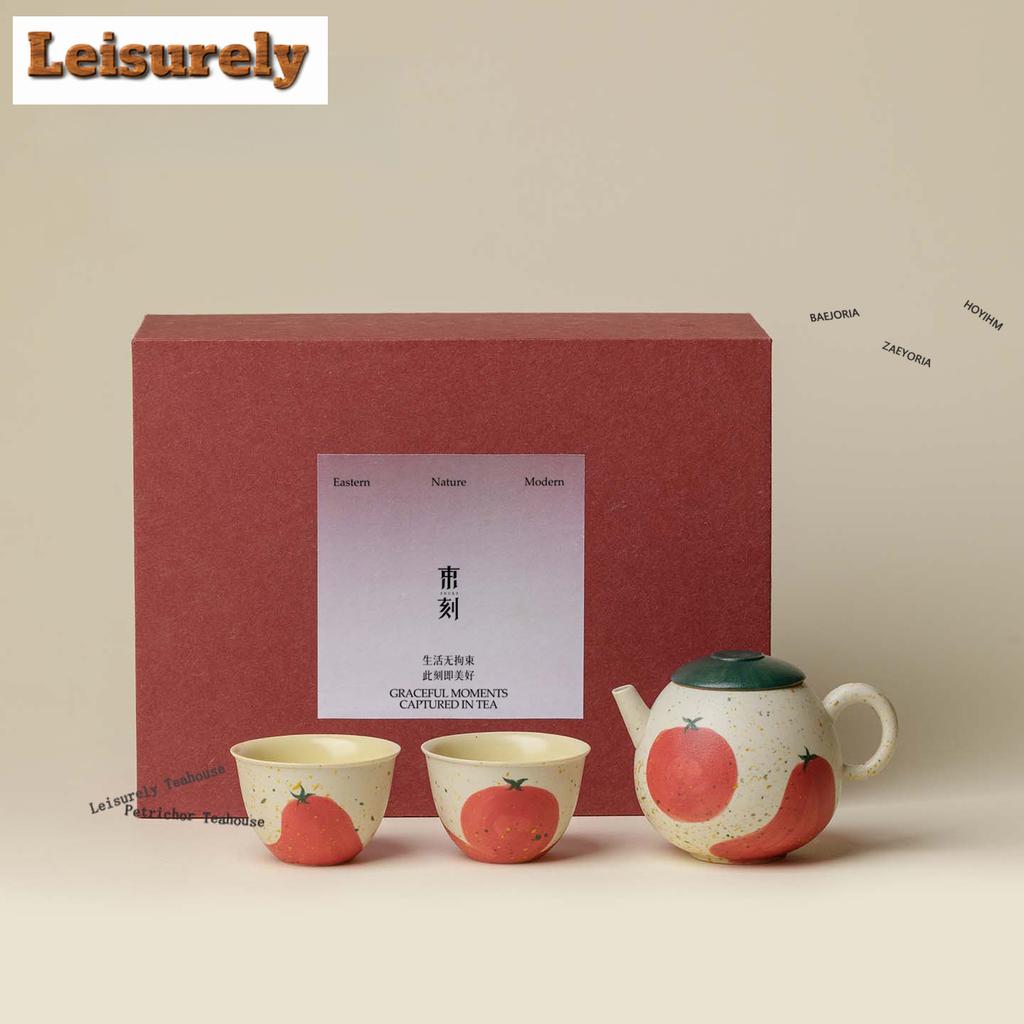 HOYIHM Hand-painted Persimmon Tea Set Complete Set Retro Tea Ceremony Set Household Teapot And Tea Cup Set Teaware Ornaments