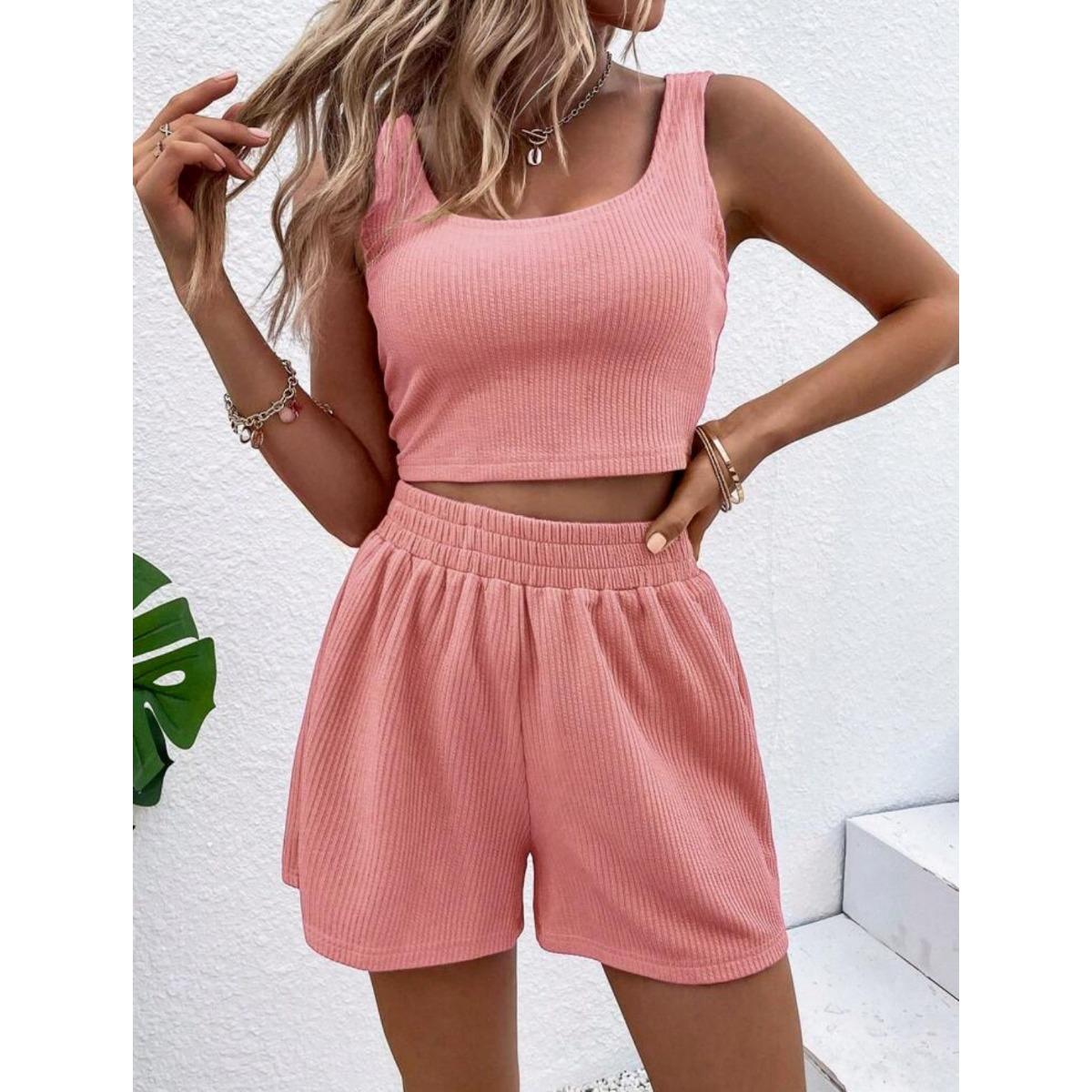 

Женский рубчатый комплект майка-топ и шорты, повседневная одежда для отпуска, без карманов XL глубоко персикового