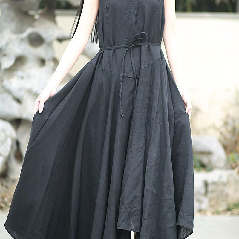 Johnature Women Irregular Solid Color Casual Dress Summer O-Neck Sleeveless Belt Soft Female Dress