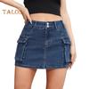 Dámská mini džínová sukně s nízkým pasem Cargo sukně s kapsou Jednobarevný zip Poklopec Krátká sukně Streetwear