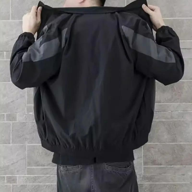 Men's Black Grey Geometric Color Block Lapel Zip Up Casual Windbreaker Jacket