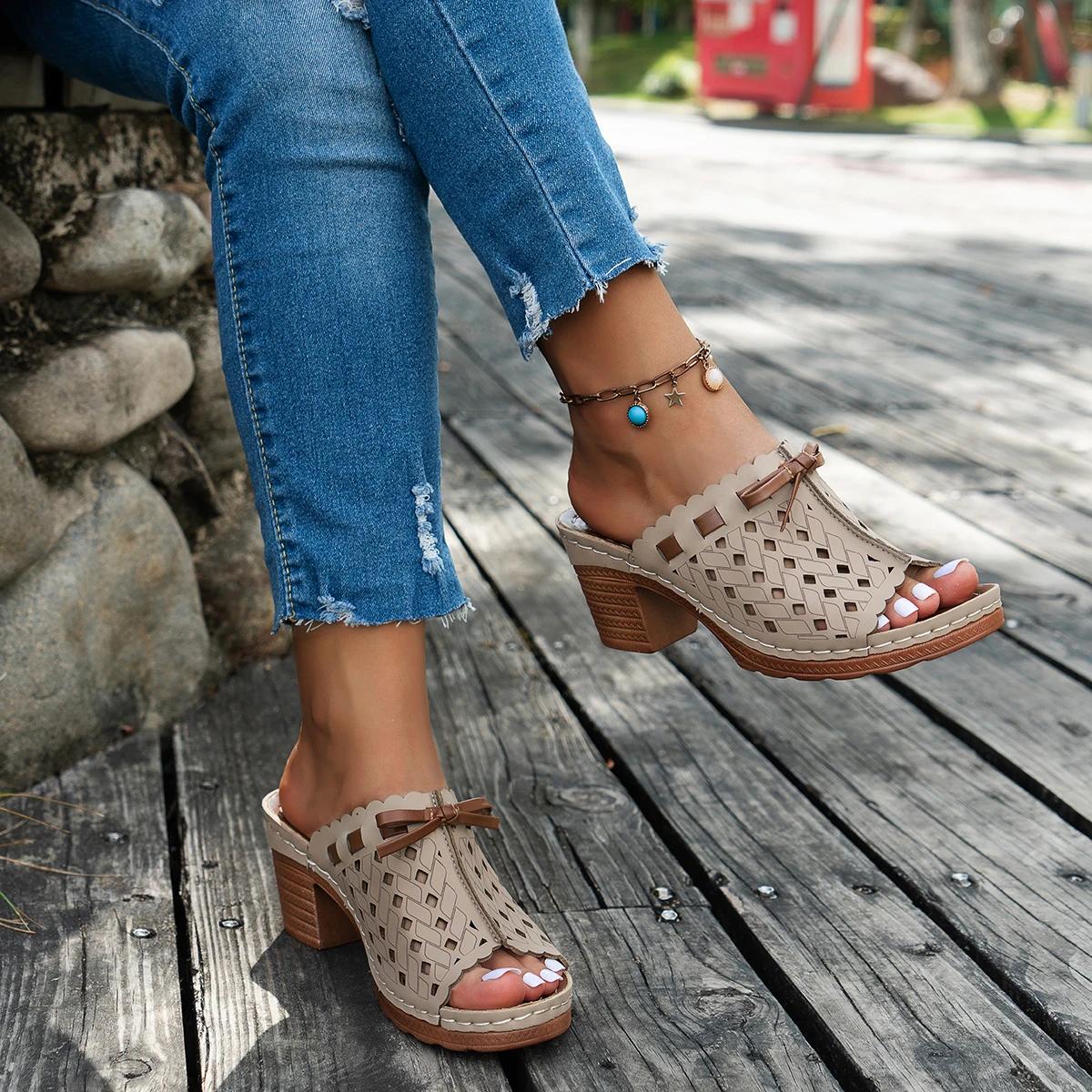 

Женские сандалии Новые летние босоножки на платформе и толстом каблуке Женские босоножки для увеличения роста Ретро круглые мюли Толстая подошва Туфли для женщин 36