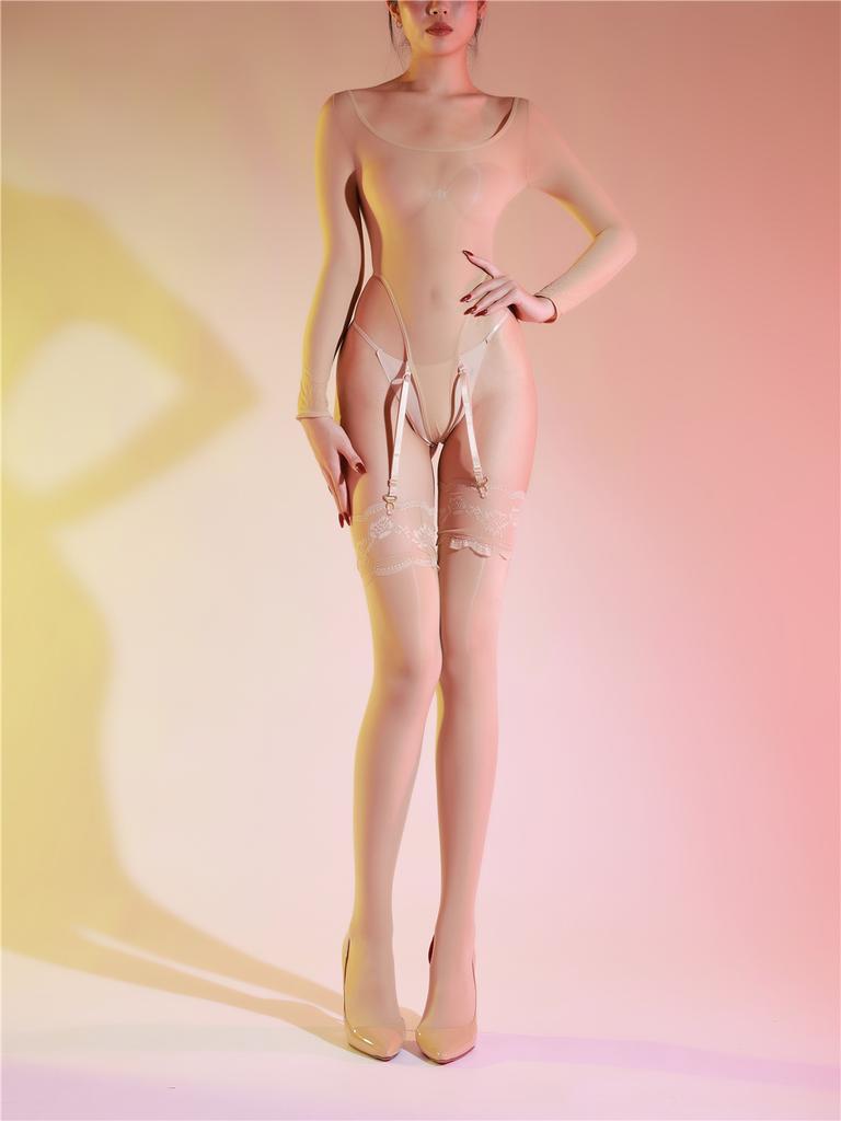Sexy Women Garter High Cut Bodysuit Sheer See Through 5Dthin Shaper Tights Bandage Elastic Leotard Pajamas Maid Wear