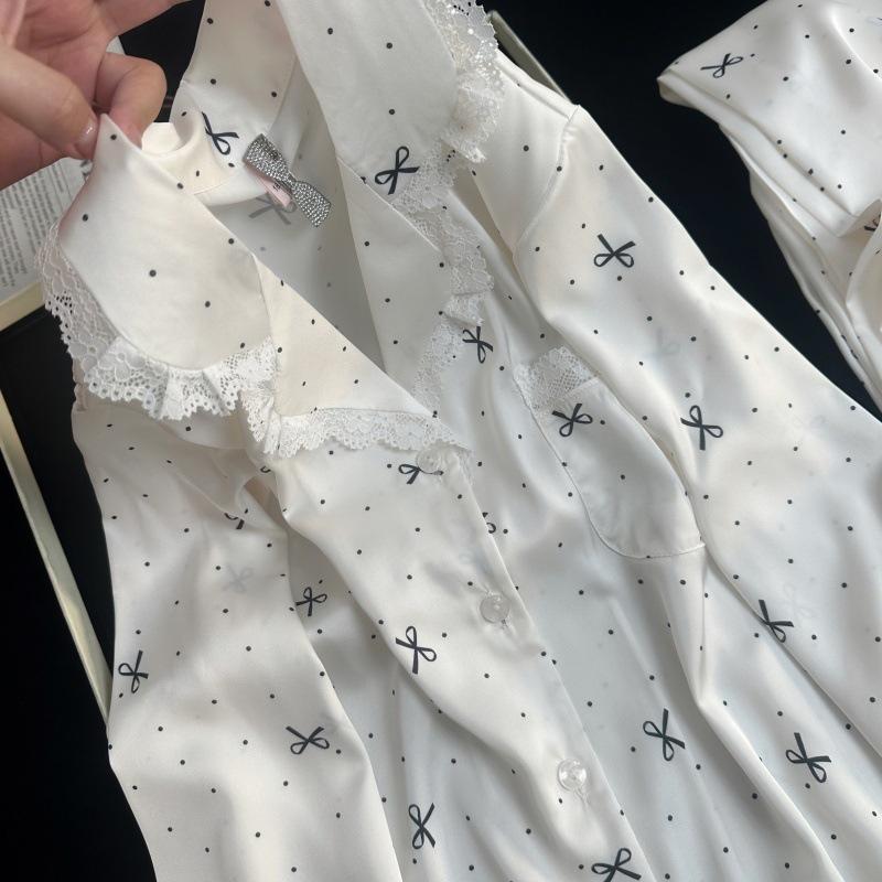 Yase Cream Polka Dot Bow Pajamas with Lace Trim - Cute and Girly Spring Collection