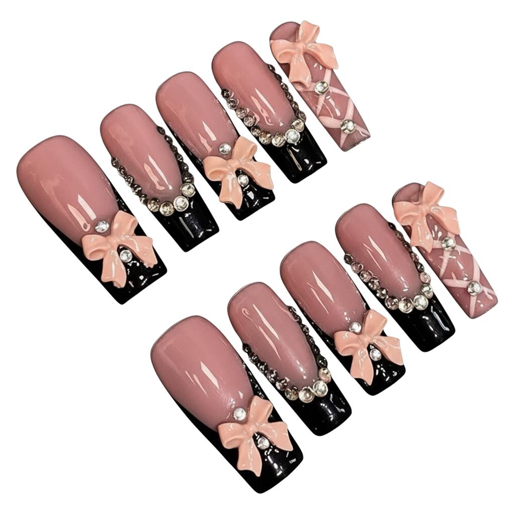 10pcs Press On Nails Black French Style 3D Ribbon Knot Design for Women Reusable Press On Nails for Parties Weddings