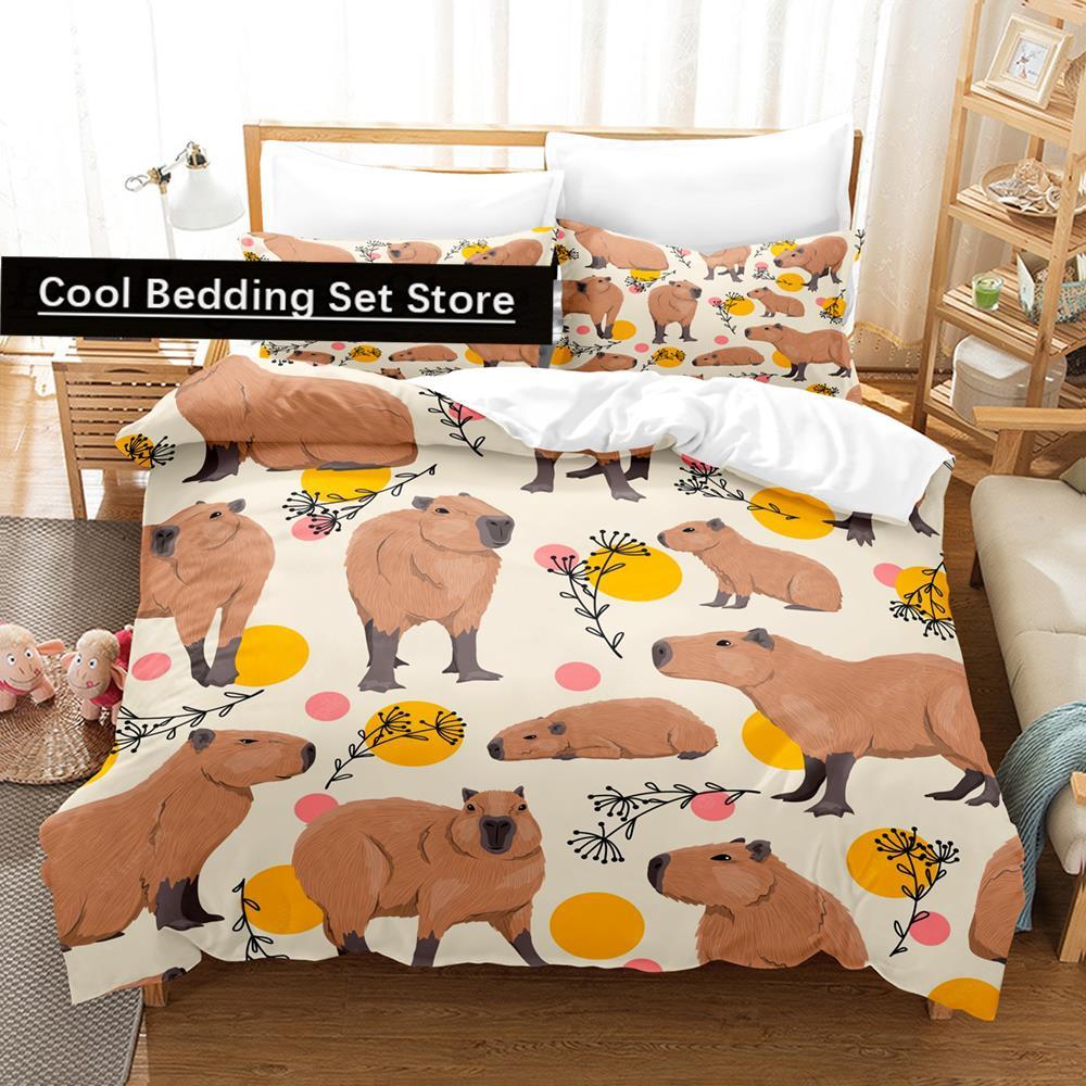 Kawaii Kapibary Zestaw Pościeli Pojedynczy Bliźniak Pełny Queen King Size Zestaw na Łóżko Aldult Kid Sypialnia Zestawy Poszewek na Kołdrę Zestaw Prześcieradeł 3D Anime