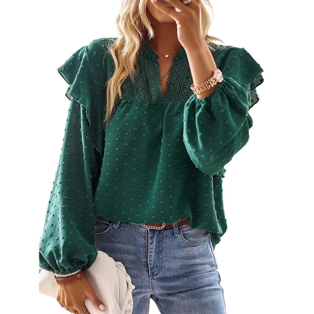 Women's V,Neck Lace Patchwork Blouse With Ruffled Sleeves
