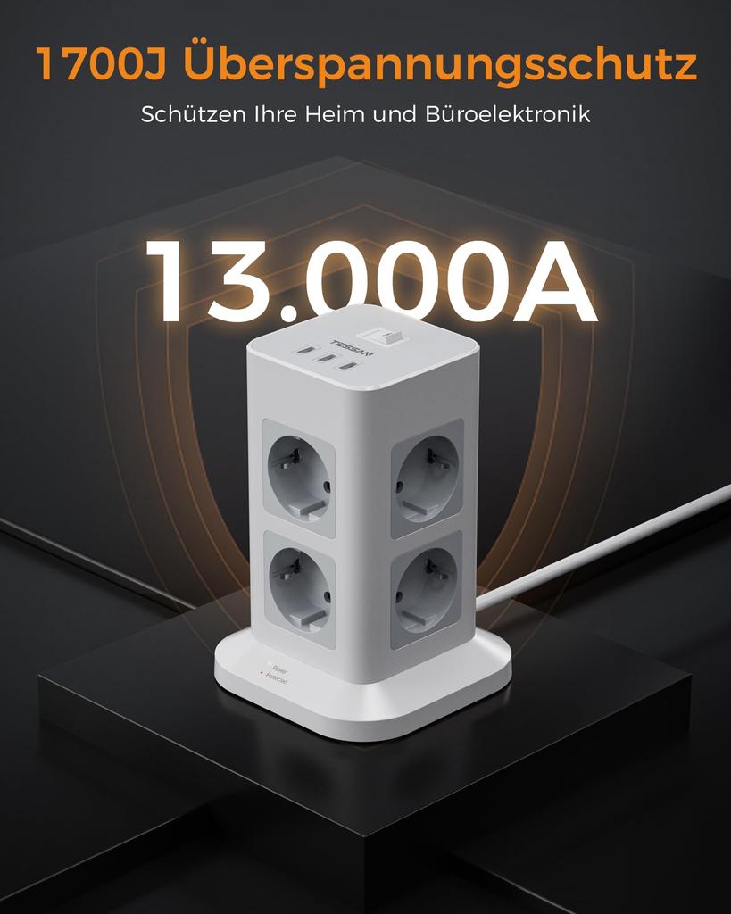 TESSAN Flat Plug Socket Strip, 8 Way Multiple Socket with 3 USB, Extension Cable Flat Connector 2 m, Multiple Plug Surge Protection