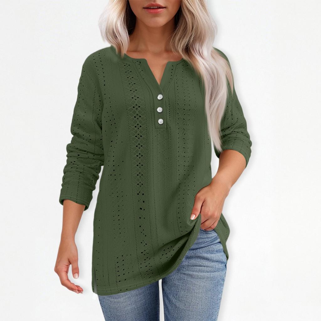 T-skjorte for kvinner T-skjorte med knapp 3/4 ermer Daglig helgmote Basic V-hals vanlig topp