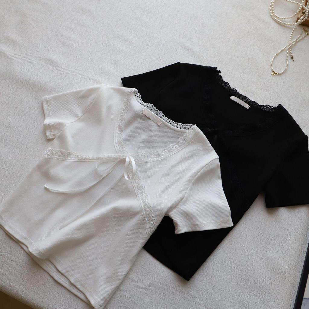 Petite Short-Sleeved Bow Slim-Fit Top - 2025 Korean Style Summer Women's Fashion
