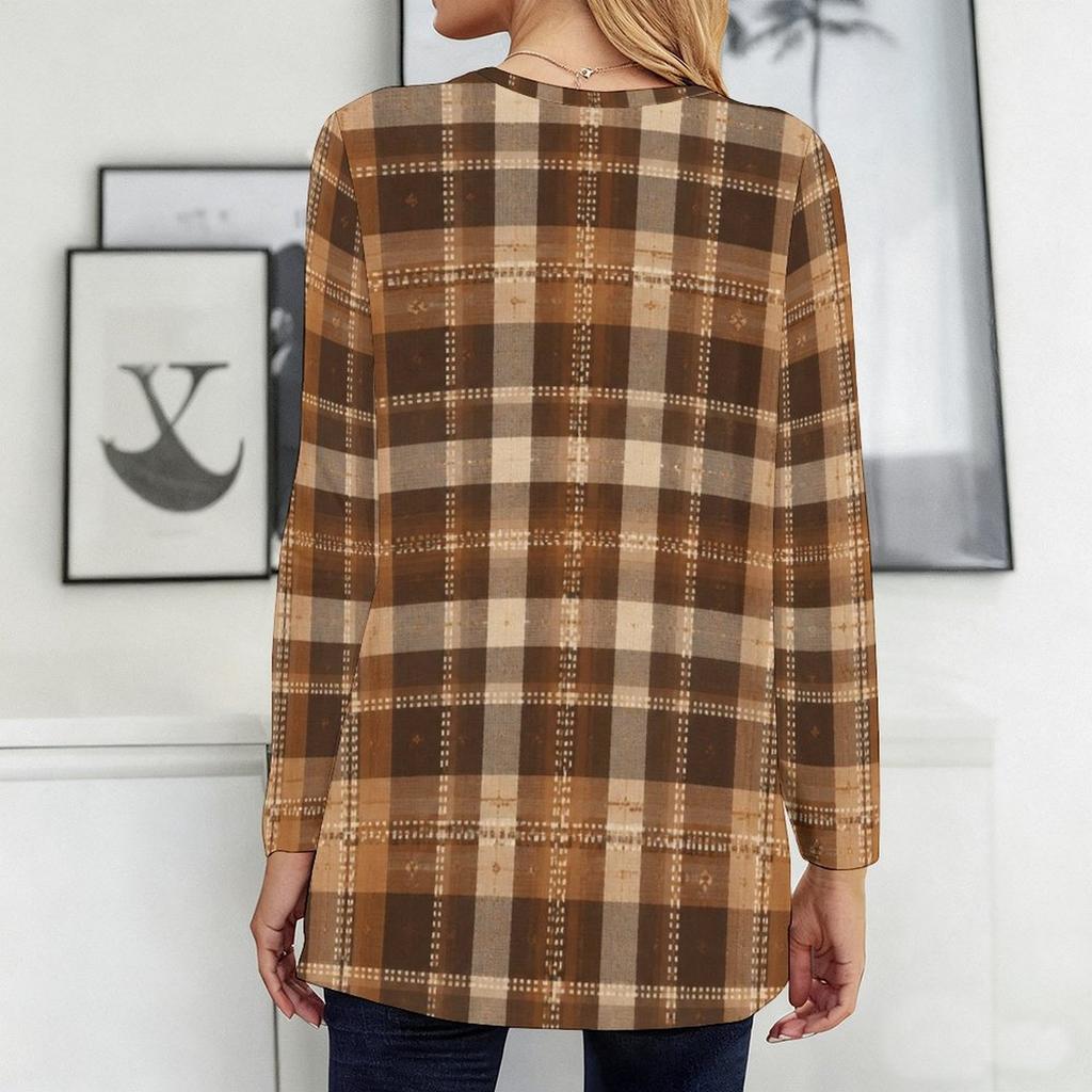 Women Plus Size Round Neck Long Sleeve Geometric Printed Loose Longline T Shirt With Pockets