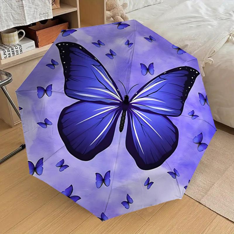 Purple Butterfly Auto Open Close Umbrella - Portable Tri-Fold Design with 8-Bone Iron Frame - - Ideal Gift for Fans, Travelers, Daily Use -