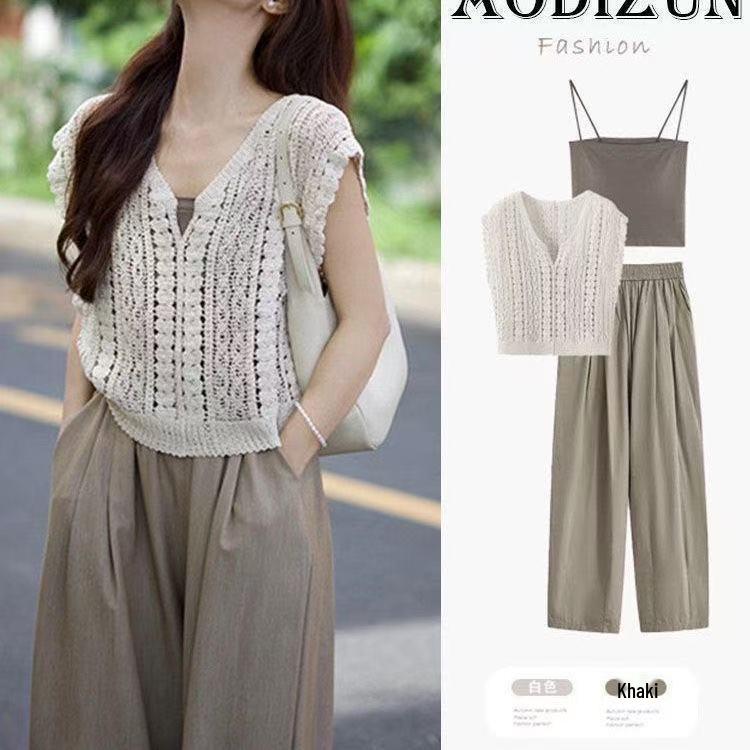 

Women s Summer Casual Tea-Colored Petite Fashion Set - Hong Kong Style High-End Korean Drama-Inspired Three-Piece XL (Recommended for 125-135 lbs)